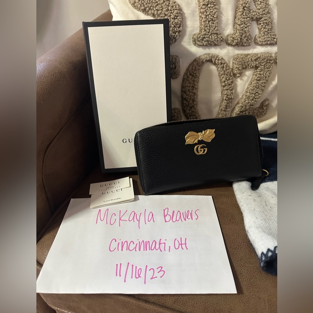 Gucci GG Marmont Zip Around Wallet with Embellished Leather and Bow